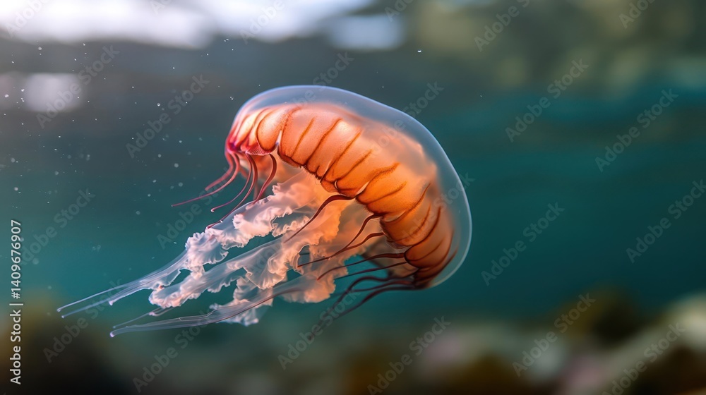 Poster close-up shot of a vibrant orange jellyfish gracefully swimming underwater with trailing tentacles a