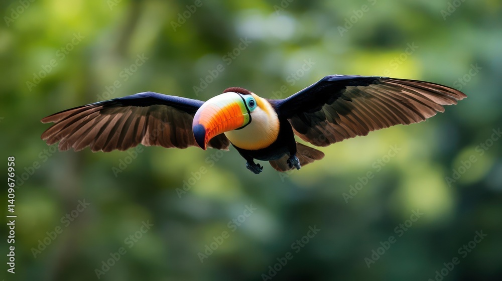Poster a vividly colored toucan soars through the air with its wings fully extended against a backdrop of l