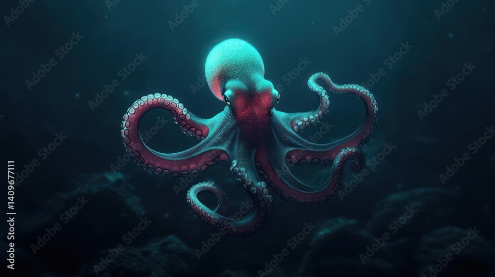 Poster an octopus with pink and blue color scheme against a dark blue aquatic backdrop. the creature's pixe