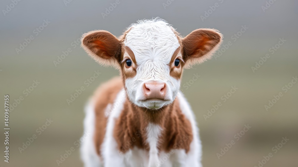 Poster close up shot of a brown and white calf looking directly at the camera with a blurred grey and green