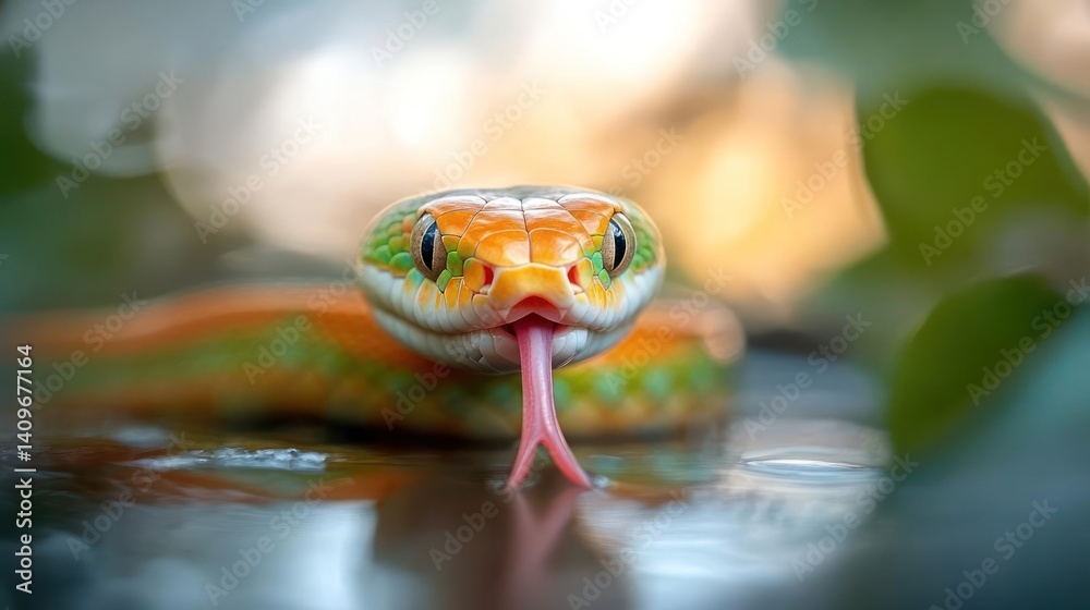 Aufkleber Macro shot of an orange and green snake with its tongue sticking out. The snake is positioned in front of a blurred background of green leaves, with its body reflected in the wet foreground, creating