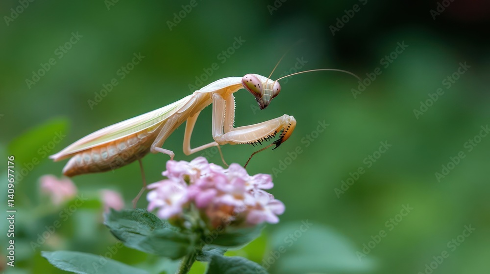 Poster Detailed eye-level shot of a light brown praying mantis perched on a cluster of small pink flowers, set against a soft green bokeh background, highlighting the mantis's intricate details and the