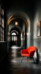 Fototapeta premium A vibrant red armchair sits alone in a dimly lit, arched hallway of an old building