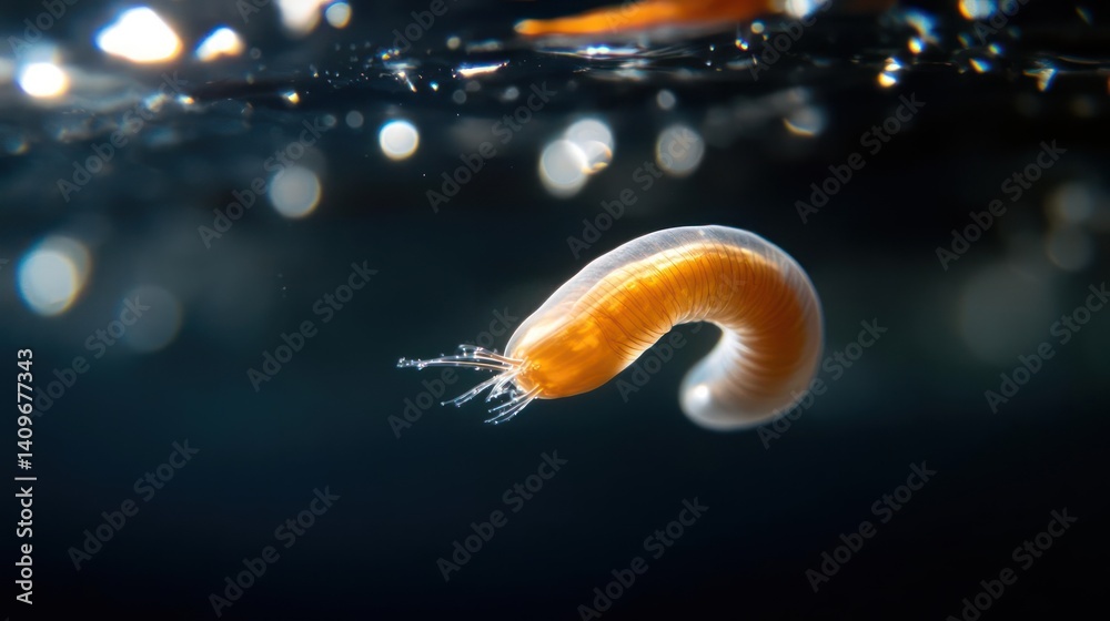 Poster close-up shot of a small, translucent orange worm or larva swimming in clear water. the worm is curl