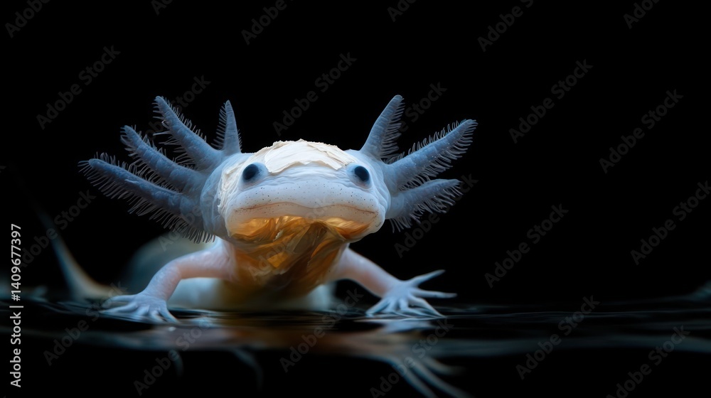 Poster close up shot of an axolotl with a black background, the amphibian has pale coloration and delicate 