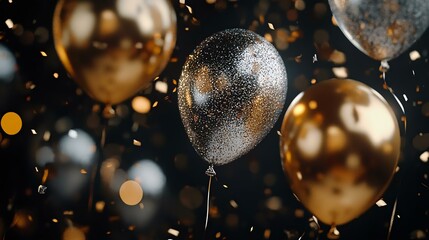 Festive celebration scene featuring shimmering gold and silver balloons among confetti, perfect for party invitations and decorations.