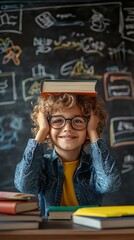 A cheerful boy with glasses balances a book on his head, surrounded by colorful books, in a fun classroom setting with chalkboard drawings.