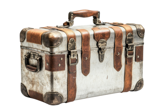 Vintage Metal Suitcase Brown Leather Trim Aged Travel Trunk Black on transparent background