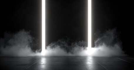 Ethereal Light Beams: Minimalist Darkroom with Smoke and Glowing Columns