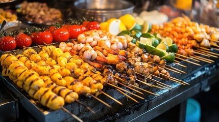 Grilled seafood & meat skewers, Asian night market, delicious food, cooking