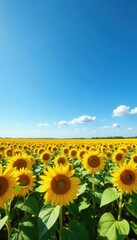 Fototapeta premium Vast sunflower field stretches to horizon under cloudless blue sky , agriculture, sunny, color