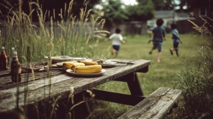 Children run freely across a grassy backyard, while a picnic table laden with corn and drinks sits in the foreground, capturing the essence of summer joy.