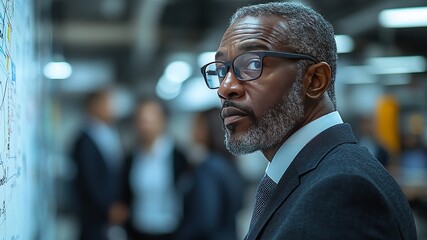 Fototapeta premium A thoughtful african american businessman in a suit looks over his shoulder in a busy office space