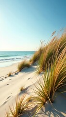 Windswept dunes, grasses swaying, coastal scene, wave, calm, summer