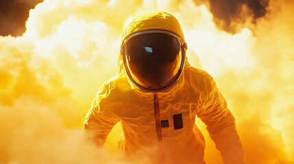 An astronaut in a vibrant yellow suit emerges from dramatic yellow smoke, encapsulating themes of adventure and exploration in outer space.
