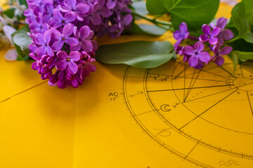 Printed yellow astrology chart with spring lilac flowers and green leaves in the background