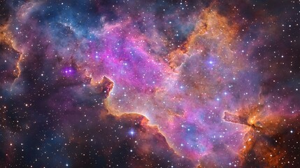 A vibrant and colorful nebula showcasing hues of pink, purple, and blue scattered with sparkling stars in deep space.