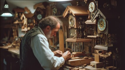 Obraz premium A skilled artisan meticulously crafts a wooden cuckoo clock in a cozy, dimly-lit workshop filled with intricate, ticking timepieces.