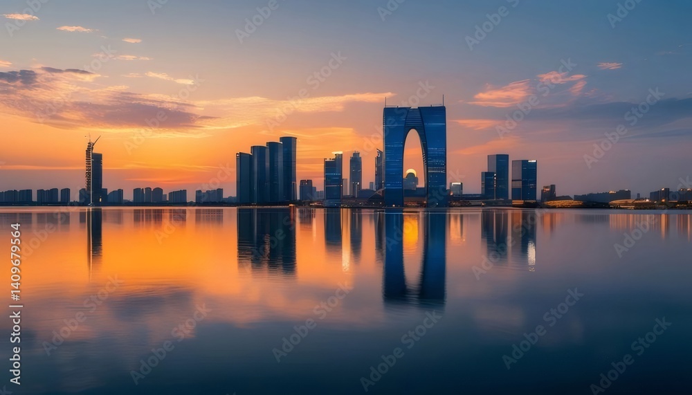 Aufkleber 夕焼け時の都会のスカイライン 水面に映るシルエット 高層ビル群と夕日の美しい風景