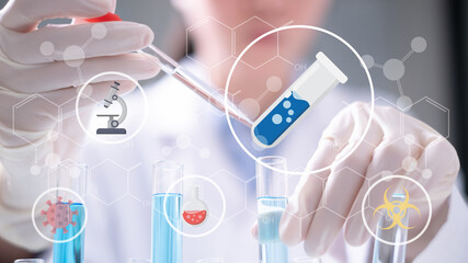 Close-up scientist drop pipette blue liquid test tube science research biology chemistry chemical experiment microscope virus flask dna biohazard
