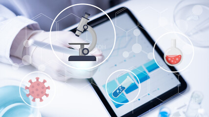 Laboratory scientist record research experiment results science technology chemistry health care education medicine microscope virus bacteria dna flask