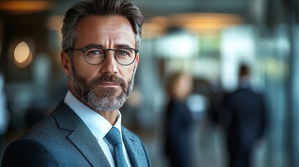 Close up portrait of a confident businessman with glasses and a suit in a blurred office setting