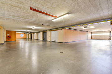An expansive indoor garage featuring smooth concrete flooring, brightly lit areas, and walls painted in warm tones, ideal for parking or storage.