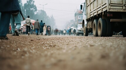 People navigate a bustling, gritty street, with a focus on movement and daily life, as vehicles blend into the background on this hazy day in the city.