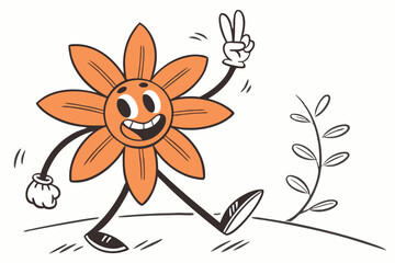 Happy Orange Flower Cartoon Character Walking with Peace Sign, Retro Style Animation