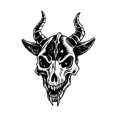 A vintage style illustration of a horned skull