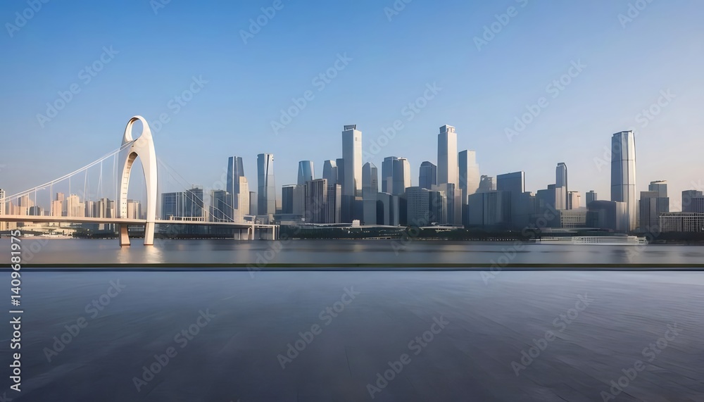 Poster 中国重慶の風景 空の青さと水面の反射 川に架かる橋と高層ビルの都市景観