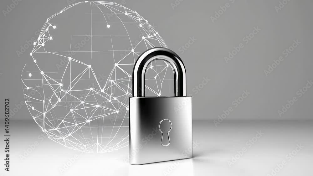 Aufkleber Chrome padlock stands guard, symbolizing robust data protection, with a glowing globe representing interconnected networks and potential vulnerabilities in the digital age