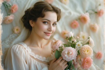 Naklejka premium Young woman smiling with flowers on a dreamy background for Mother's Day 