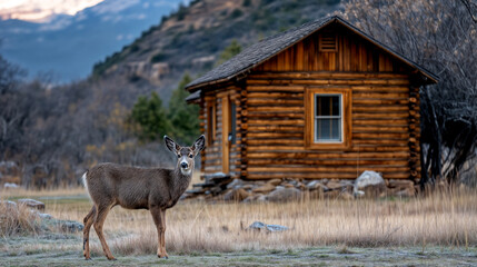 Deer near log cabin in mountains, wild animal in front of rustic home