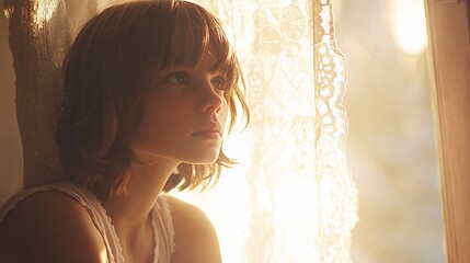 Pensive woman looks out window. Sun shines. Ideal for nostalgic or reflective themes