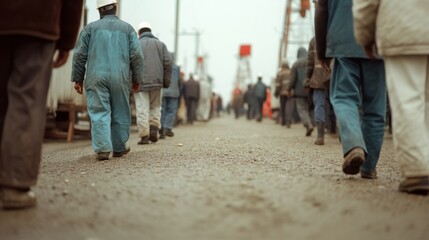 Fototapeta premium A close-knit group walks down a gravel path toward machinery, illustrating unity and purpose amid an industrial setting.