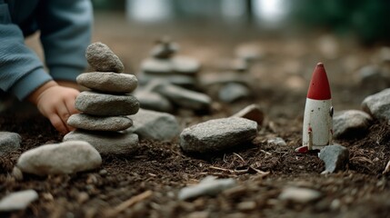 A child's hand stacks smooth stones beside a miniature rocket on a forest floor, capturing a whimsical blend of play and imagination.