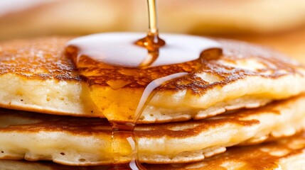 Stack of pancakes being drizzled with maple syrup