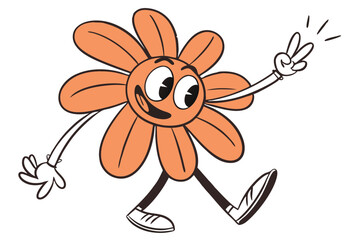 Cartoon Flower Character Retro Style, Smiling Face, Peace Sign, Walking, Isolated