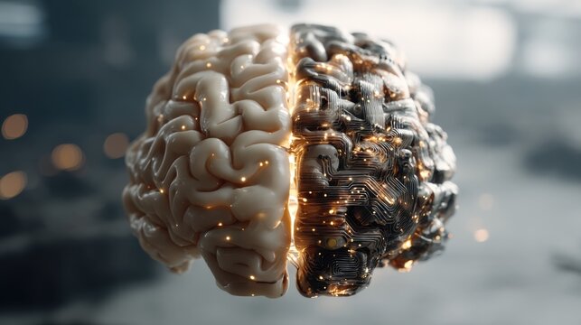Floating split human brain with glowing AI circuits and organic folds in a futuristic space, perfect for artificial intelligence visuals and neurotech branding