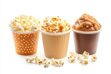 Isolated white background featuring a popcorn tub bundle with butter and caramel.