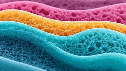 Colorful sponges with textured surfaces are stacked in wavy layers, showcasing vibrant hues of blue, yellow, and pink. close up view highlights porous material and intricate details