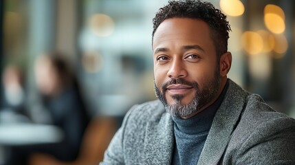 Obraz premium Close up portrait of a handsome man with a graying beard wearing a gray coat and turtleneck sweater