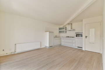 An empty, modern kitchen showcasing minimalist design with sleek white cabinetry and a light wooden floor. Ideal for contemporary living spaces.