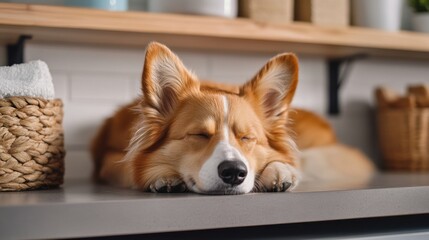 A dog enjoys a peaceful nap in a cozy, pet-friendly laundry room. The modern design, with organized shelving and soft lighting, highlights a comfortable home environment for pets.