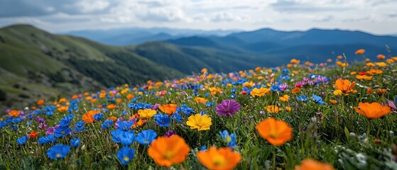 Fototapeta premium Colorful wildflowers bloom in a field with mountains and cloudy sky background.