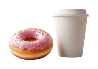 Delicious pink frosted donut and coffee cup dessert kitchen sweet treat. Isolated on transparent background, png.