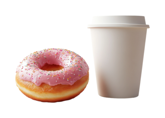 Delicious pink frosted donut and coffee cup dessert kitchen sweet treat. Isolated on transparent background, png.
