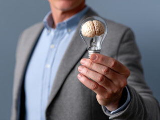 Business person holds lightbulb with glowing brain, symbolizing innovative ideas and creativity in professional setting