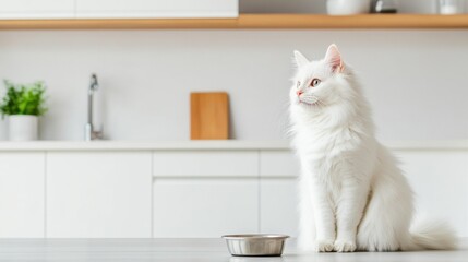A fluffy white cat sitting beside an empty dog bowl in a clean, modern kitchen, looking thoughtfully at its surroundings in a minimalist space.